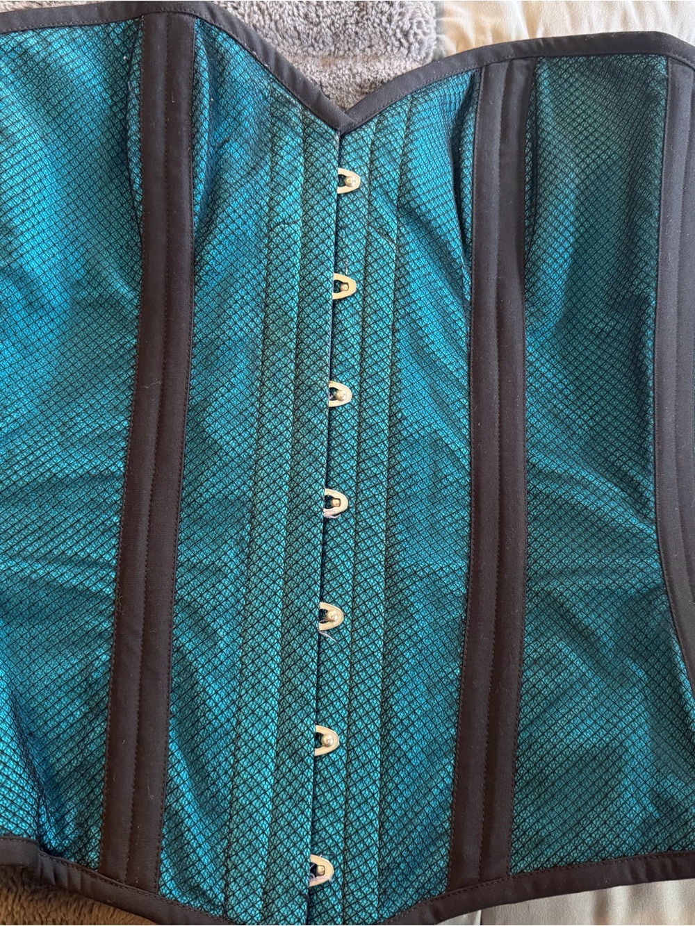 Dark Garden Teal Overbust Corset Top with Black Trim & black fishnet overlay
